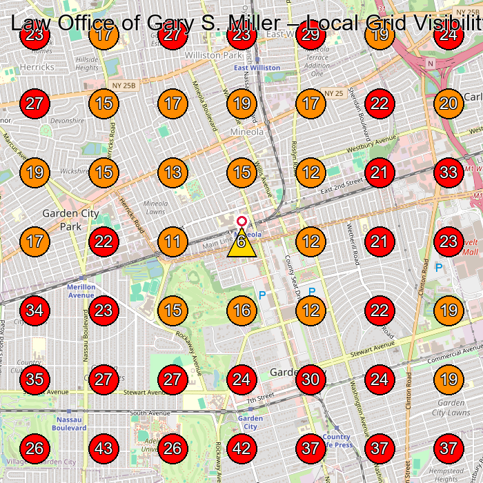 Law Office of Gary S. Miller GeoGrid visibility map for Criminal Justice Attorney in Mineola
